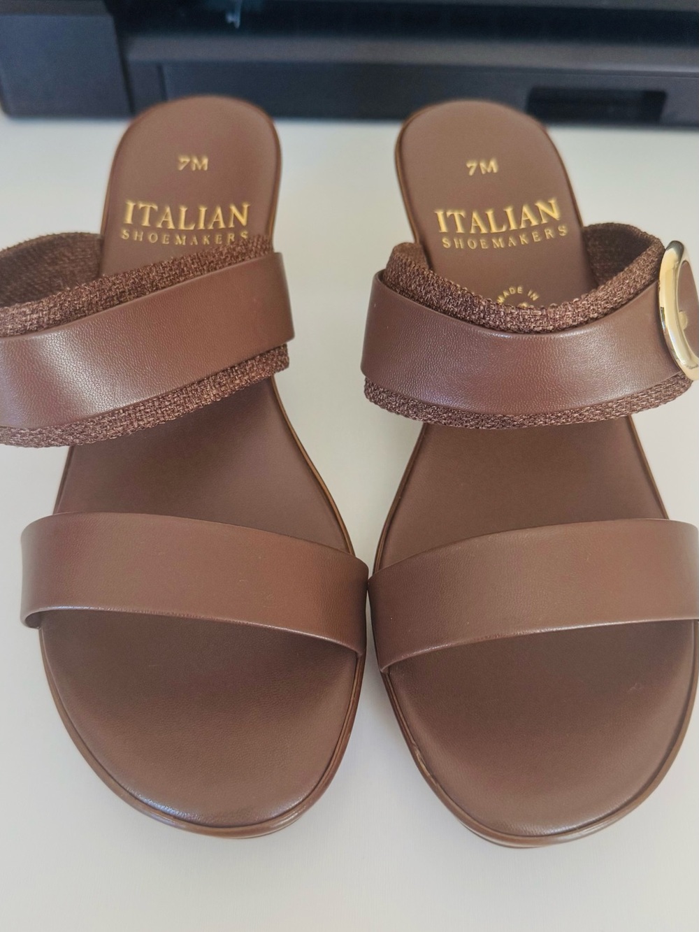 Italian Shoemakers Brown Dual-Strap Slide Sandals with Gold Accent
